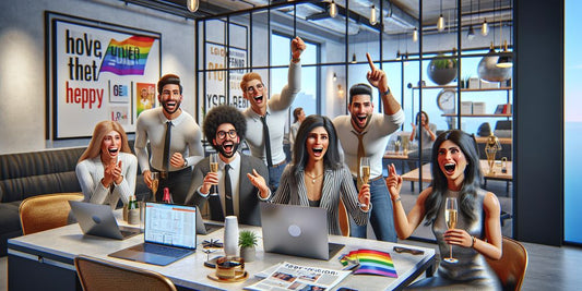 LGBTQ+ entrepreneurs celebrating success in a modern office