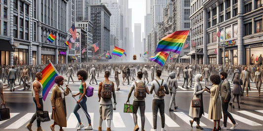 diverse group of people LGBTQ+ flags rainbow colors urban setting