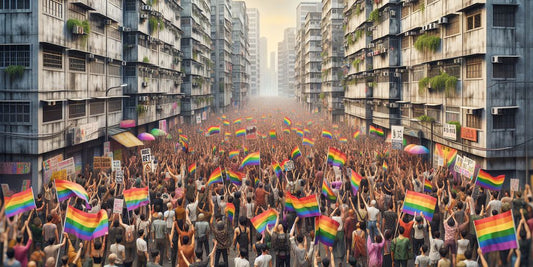 LGBTQ+ community protest with rainbow flags in urban setting