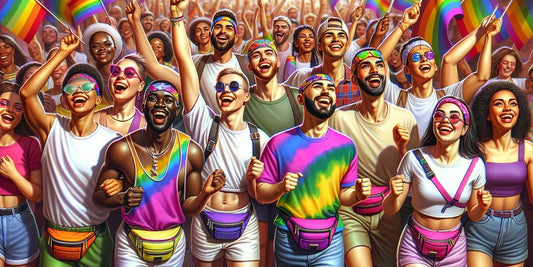 LGBTQ+ pride parade with people wearing colorful fanny packs