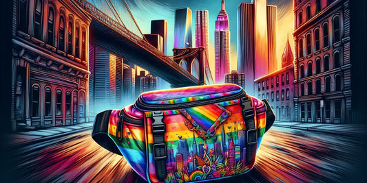 colorful LGBTQ+ themed fanny pack with pride symbols in an urban setting