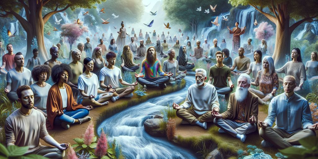 LGBTQ+ individuals practicing mindfulness meditation in a serene outdoor setting