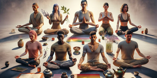 diverse LGBTQ+ individuals practicing holistic health activities