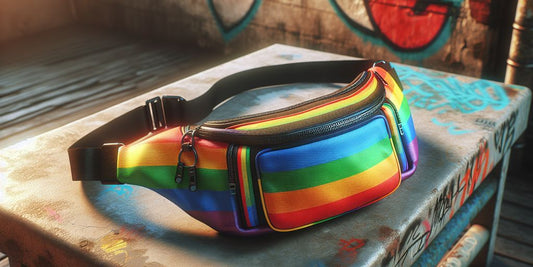 LGBTQ+ pride fanny pack with rainbow colors in urban setting