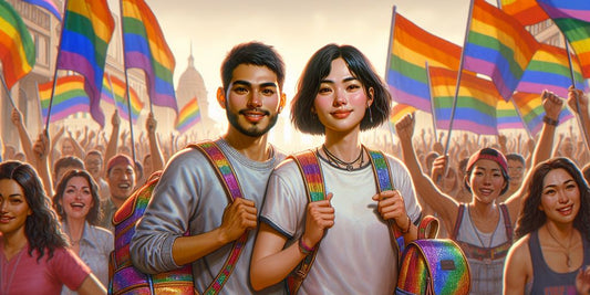 Pride parade with people carrying colorful backpacks