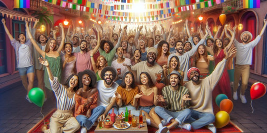 LGBTQ+ people of diverse ethnicities together in a vibrant, colorful setting