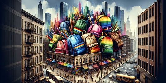 colorful pride backpacks in urban setting