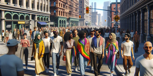 LGBTQ+ individuals walking together in a safe urban environment