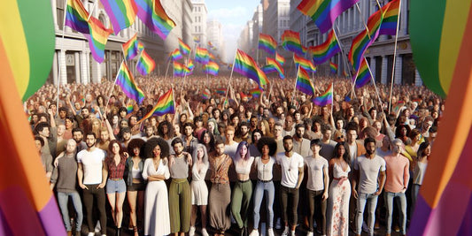 LGBTQ+ rights protest with rainbow flags and diverse group of people